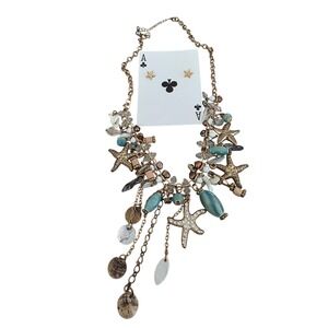 Beach Starfish Shell Charm Necklace Dangle Gold Tone Multi Strand & Earrings Set